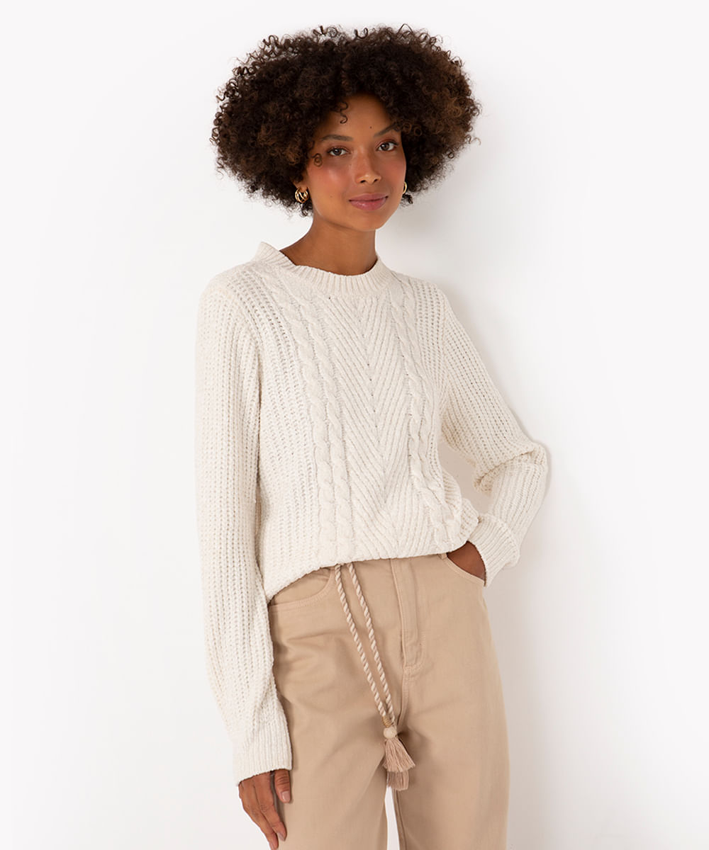 suéter de tricot chenille texturizado - off white