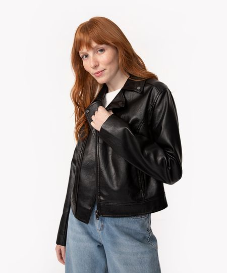 Jaqueta Perfecto de PU Manga Longa Preta Feminina Jaqueta Perfecto de PU Manga Longa Preta Feminina