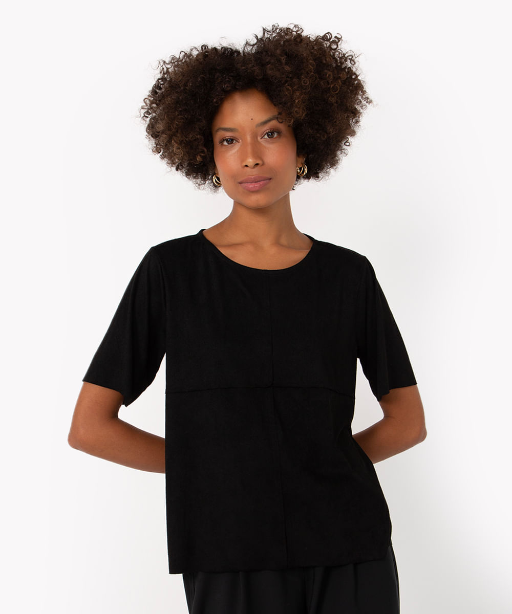 blusa em suede manga curta com recortes marrom - preto