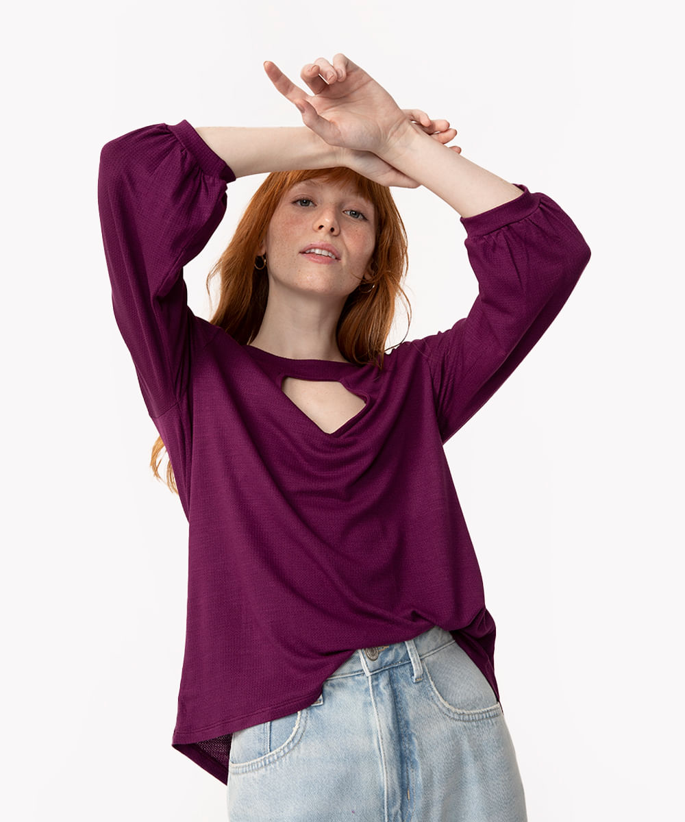 blusa de viscose manga longa roxo