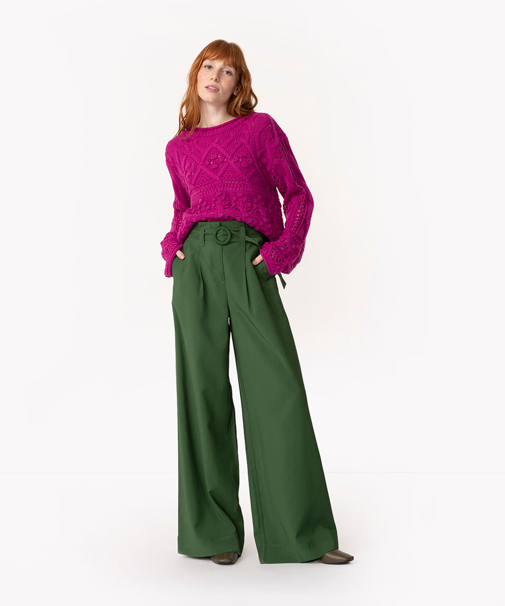 calça wide leg cintura super alta com cinto verde escuro