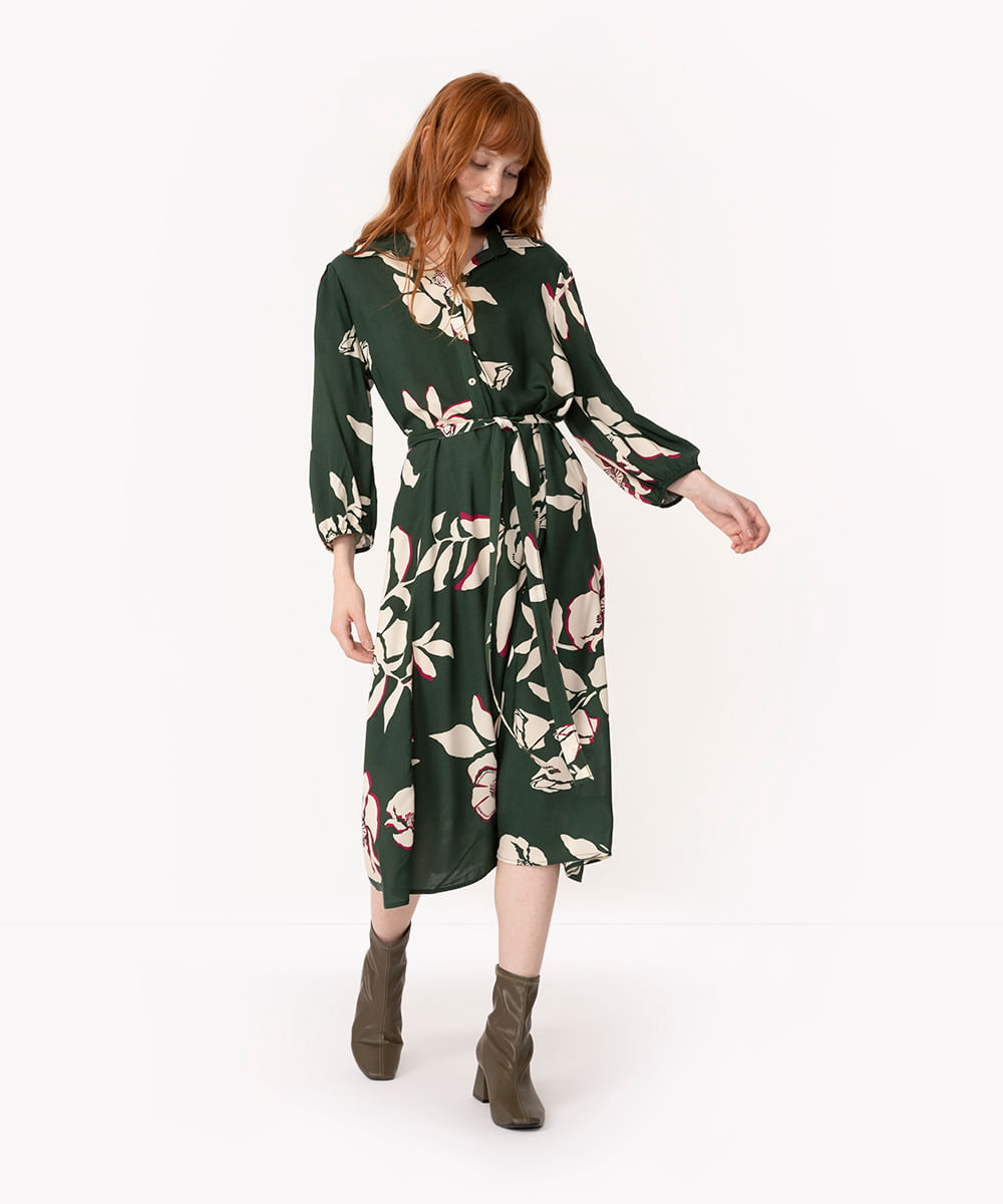 vestido midi de viscose floral manga longa verde escuro