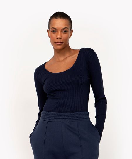 Blusa Básica Canelada Manga Longa Azul Marinho