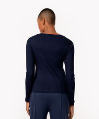 Blusa Básica Canelada Manga Longa Azul Marinho vista de costas