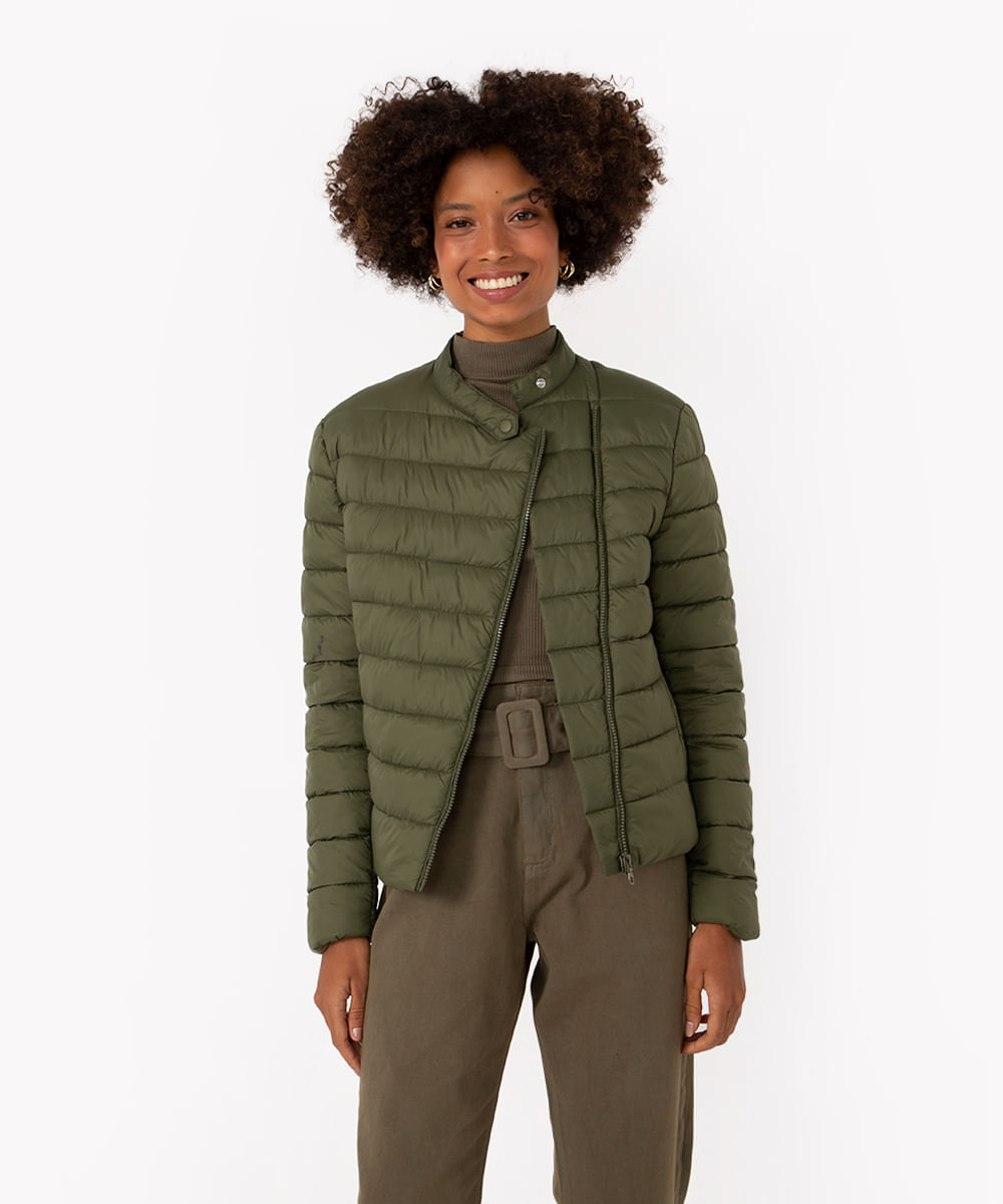 jaqueta puffer perfecto com zíper verde militar