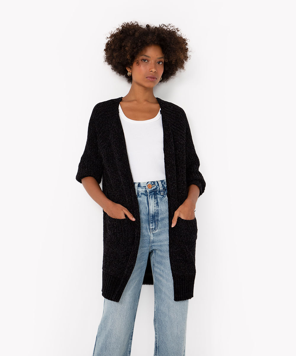 cardigan de tricô chenile alongado preto