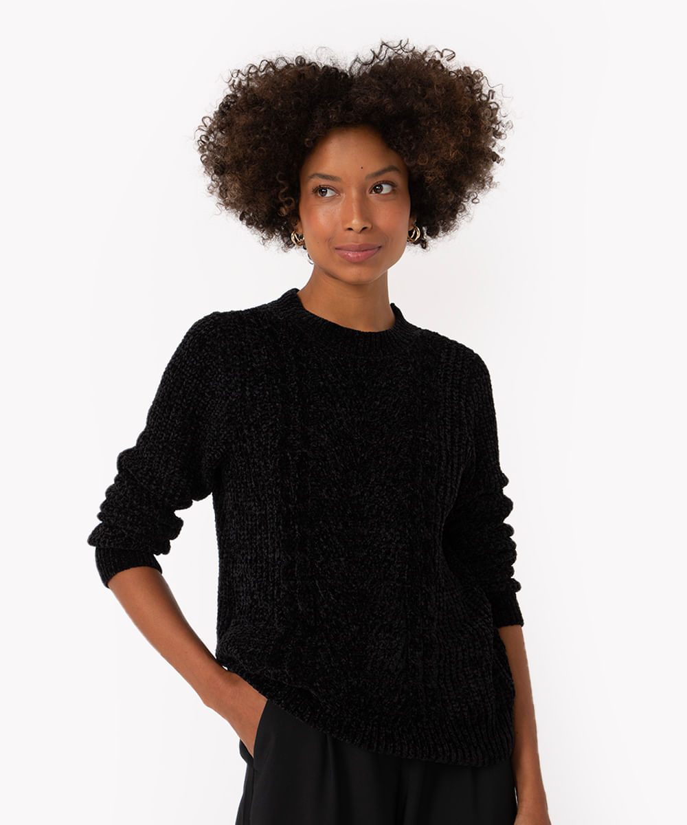 suéter de tricot chenille texturizado preto