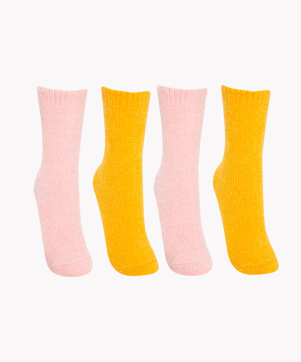 kit de 2 pares de meias de chenille cano alto colorido