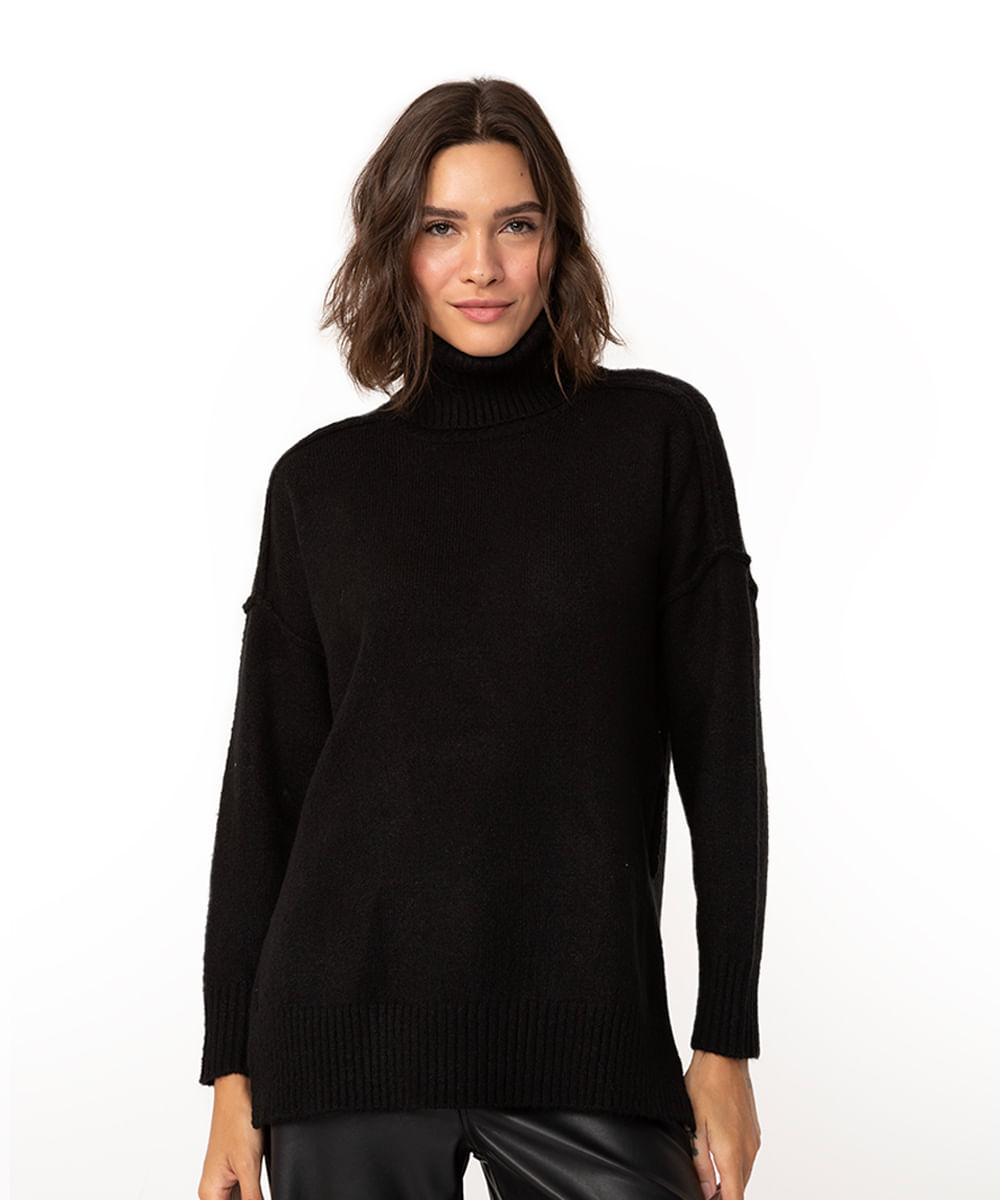suéter oversized de tricô gola alta preto