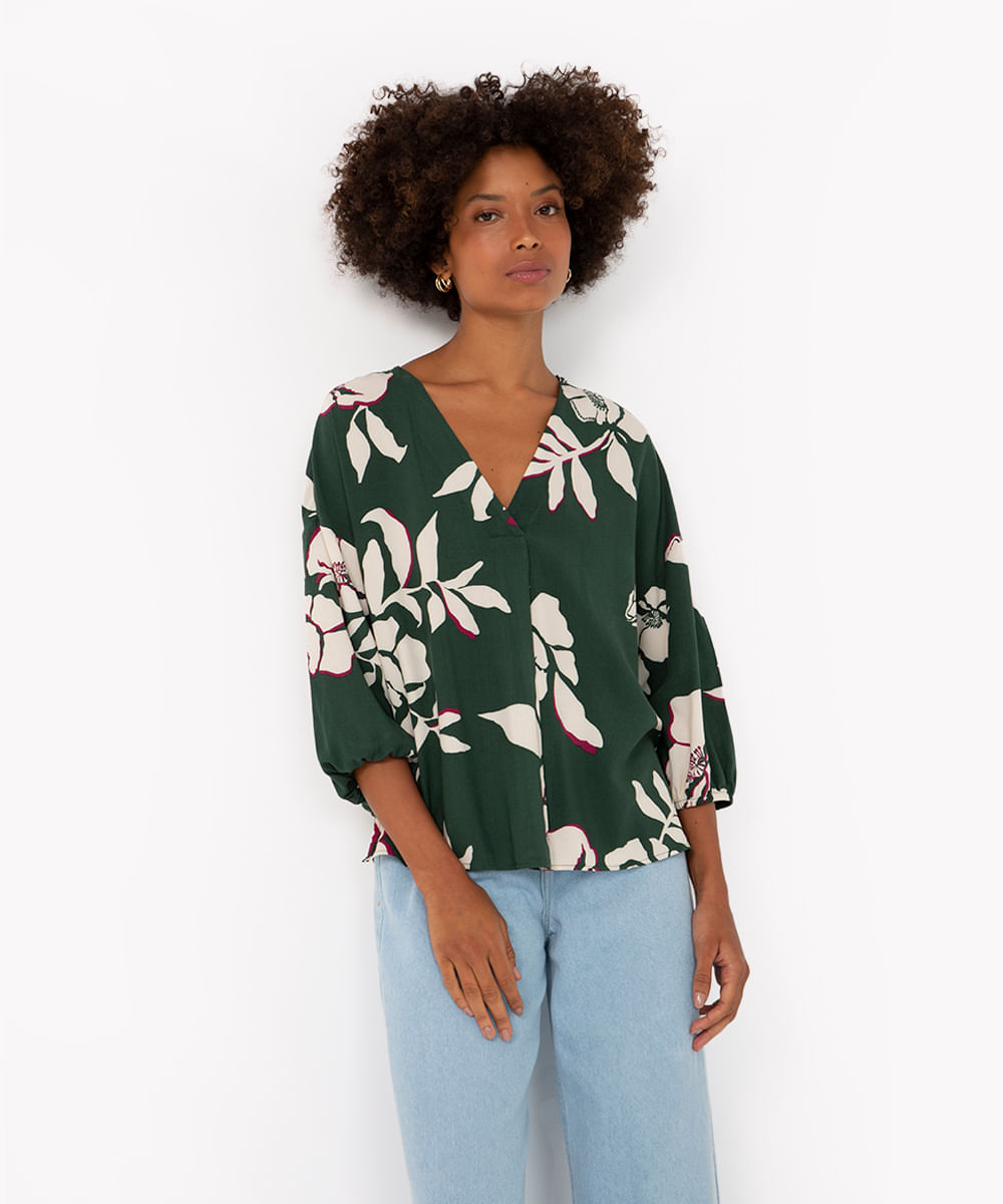 blusa de viscose floral manga longa verde escuro