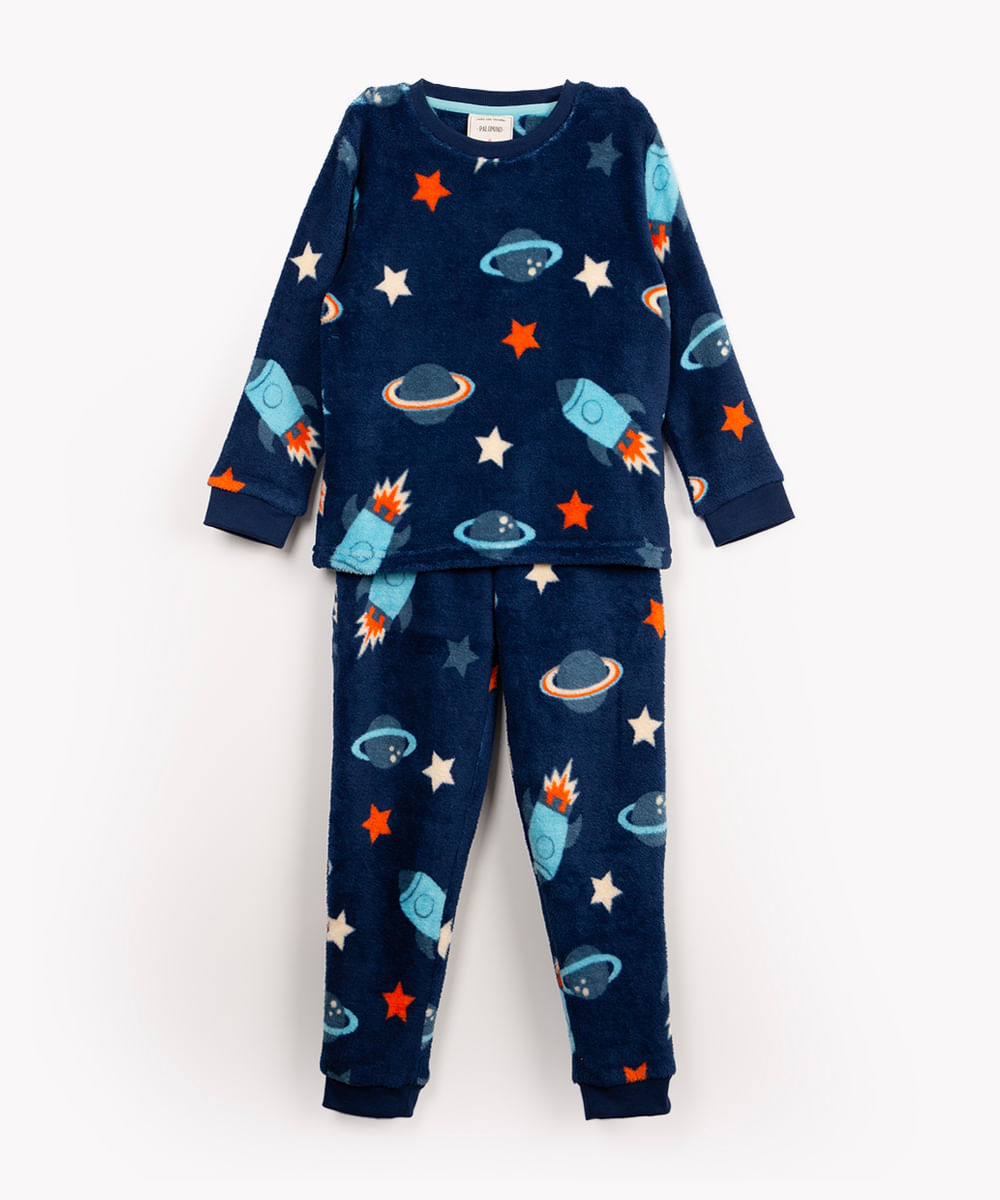 pijama infantil de pelúcia espaço manga longa com meia azul marinho