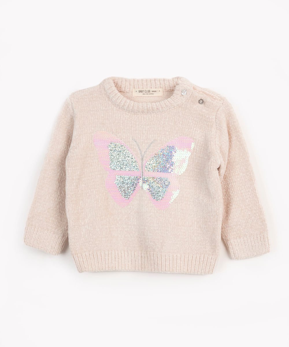 suéter de tricô infantil chenille borboleta paetê off white