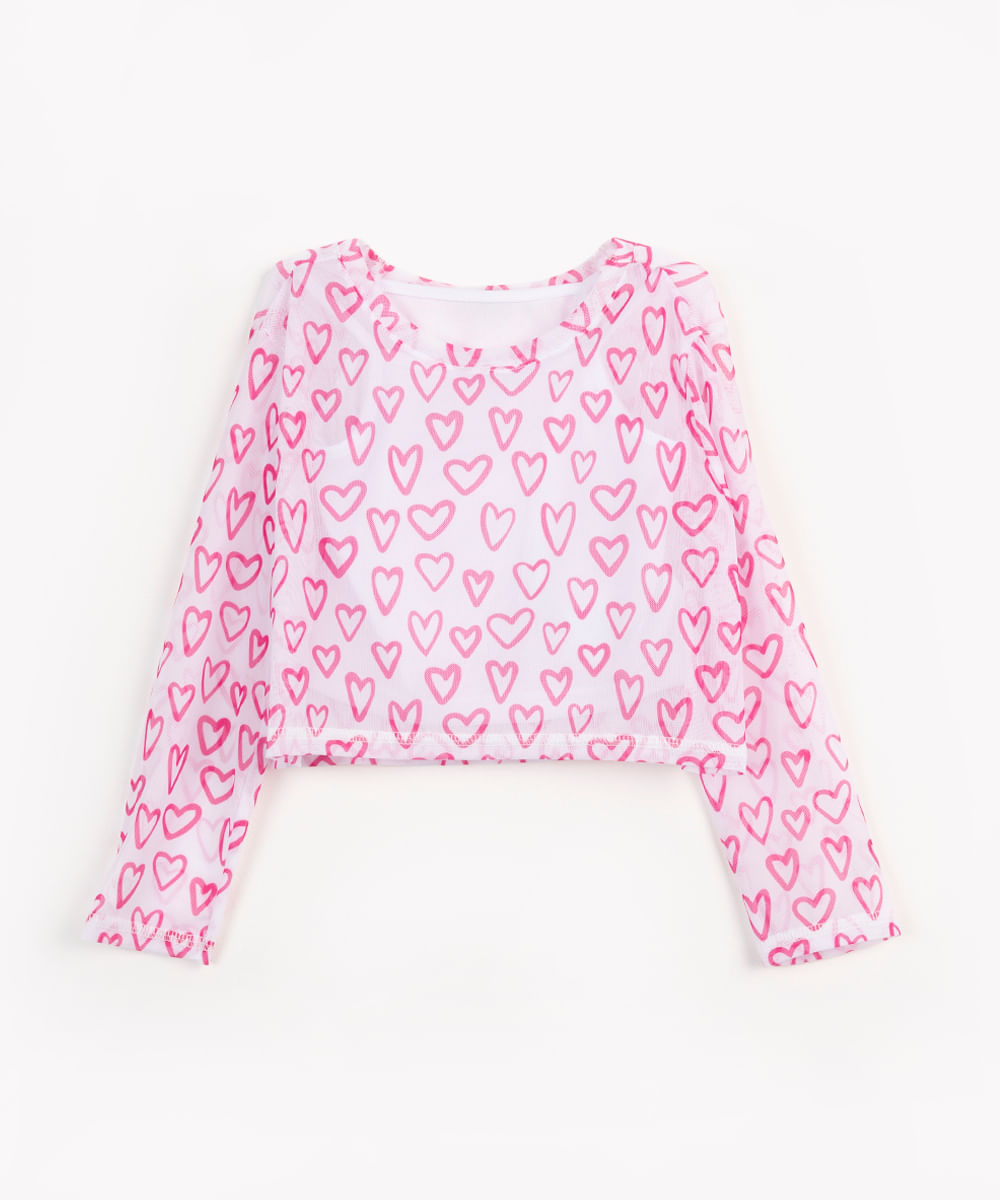 blusa infantil de tule cropped corações off white