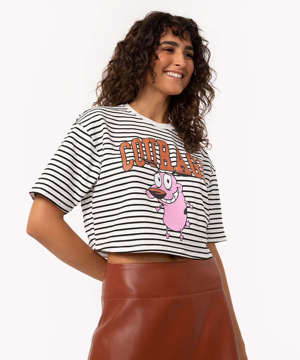 camiseta cropped listrada coragem o cão covarde off white