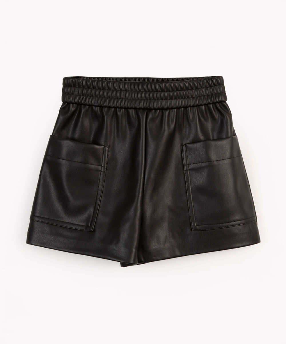 short infantil de pu com bolsos preto