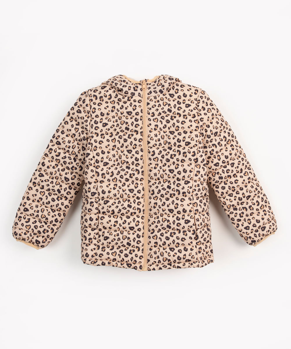 jaqueta juvenil puffer com capuz animal print bege