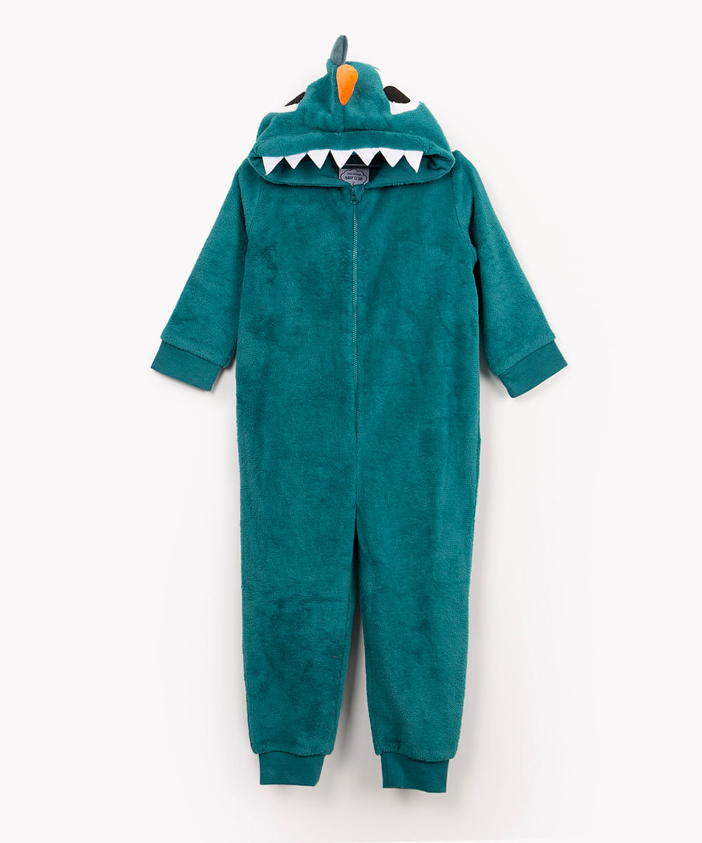 macacão pijama infantil dinossauro de pelúcia manga longa verde