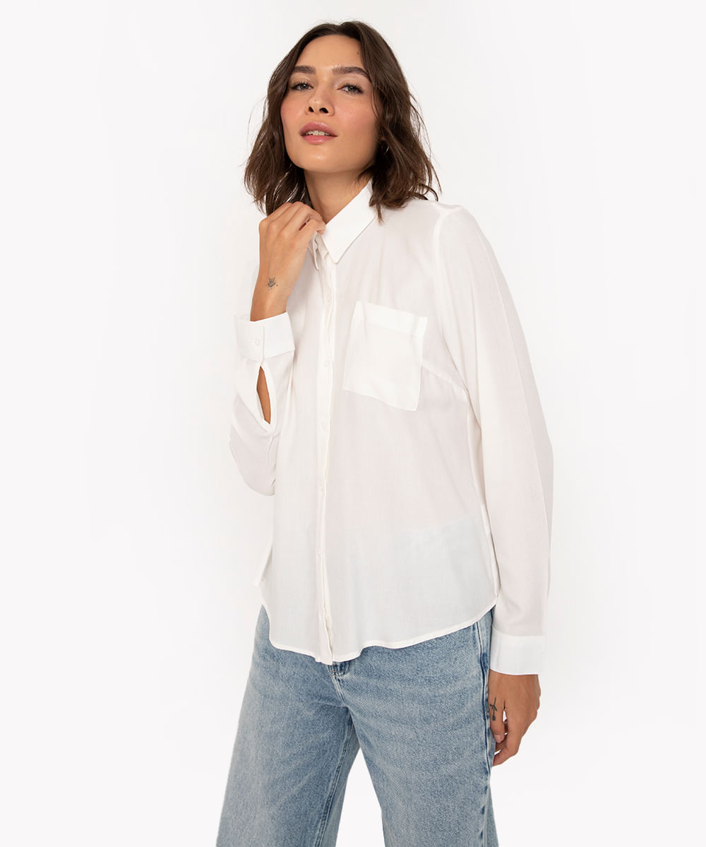 camisa de viscose com bolso manga longa off white