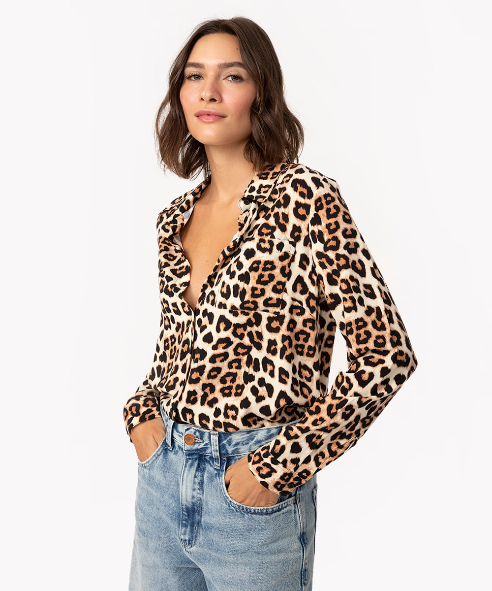 camisa de viscose animal print manga longa bege