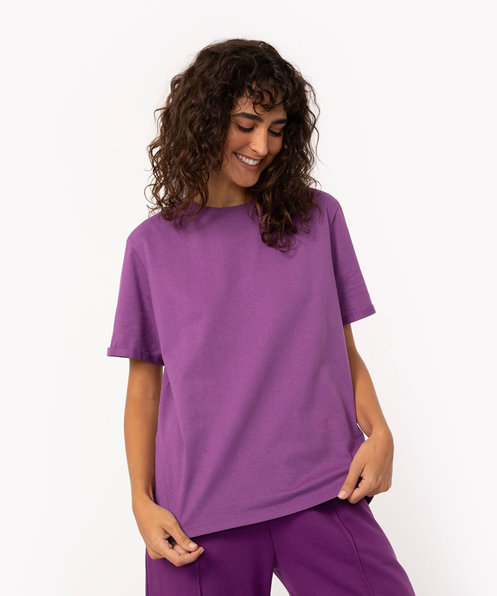 camiseta básica de algodão decote redondo roxo