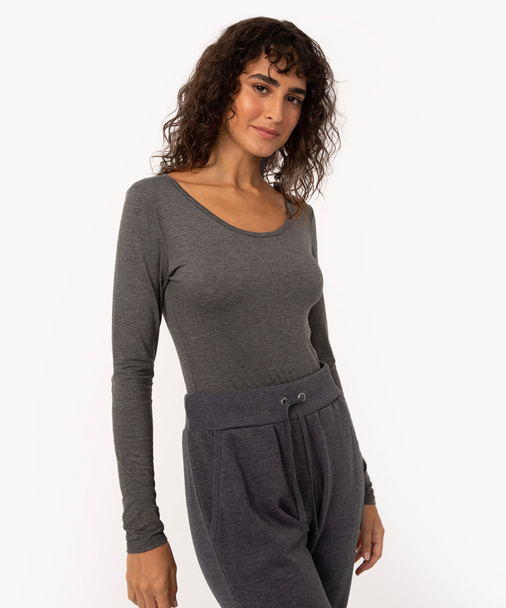 blusa básica de viscose manga longa cinza escuro - chumbo
