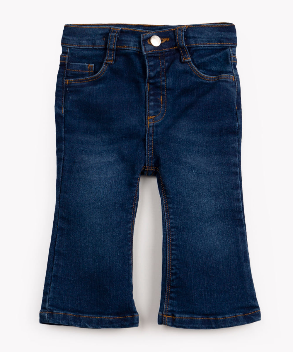 calça jeans flare infantil com bolsos azul escuro