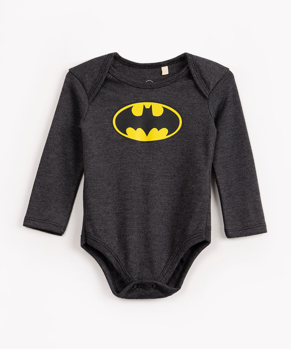 body infantil batman manga longa cinza mescla escuro