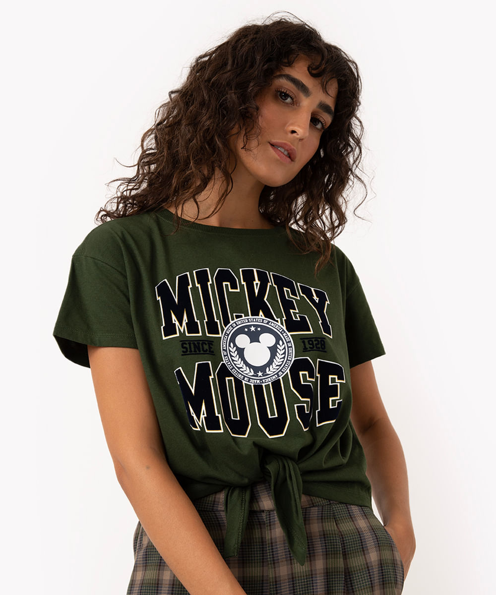 camiseta de algodão manga curta com amarração mickey mouse verde militar