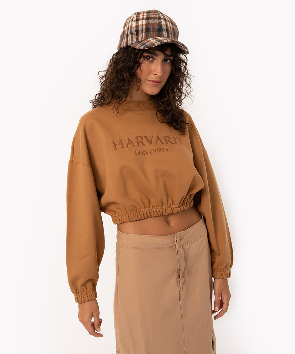 blusa cropped de moletom harvard com elástico marrom médio