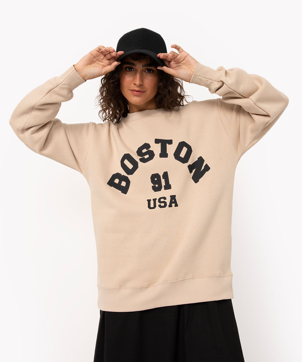 blusa de moletom oversized boston bege