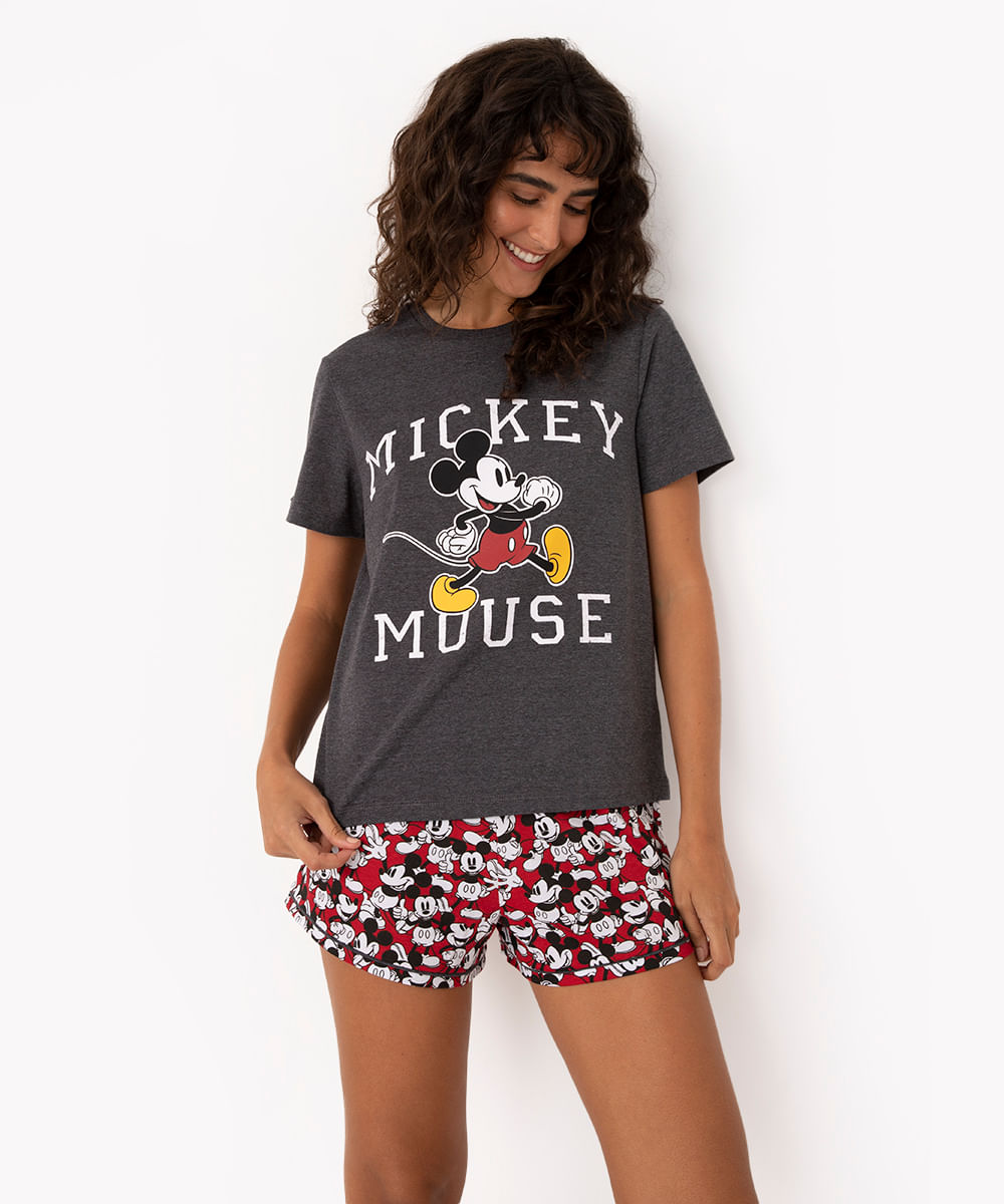 pijama de algodão manga curta com short mickey mouse cinza escuro