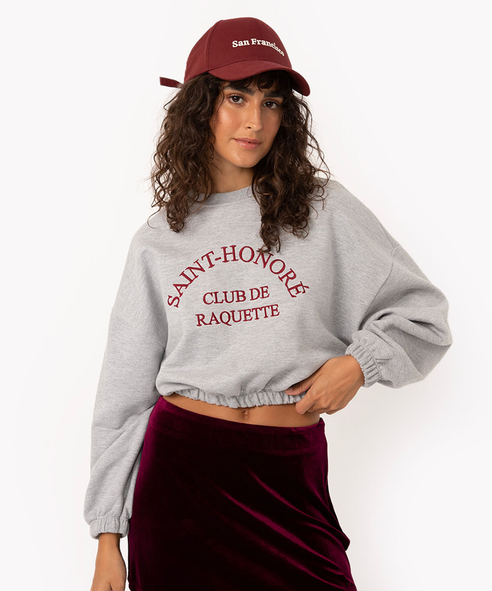 blusa cropped de moletom saint honoré com elástico cinza mescla