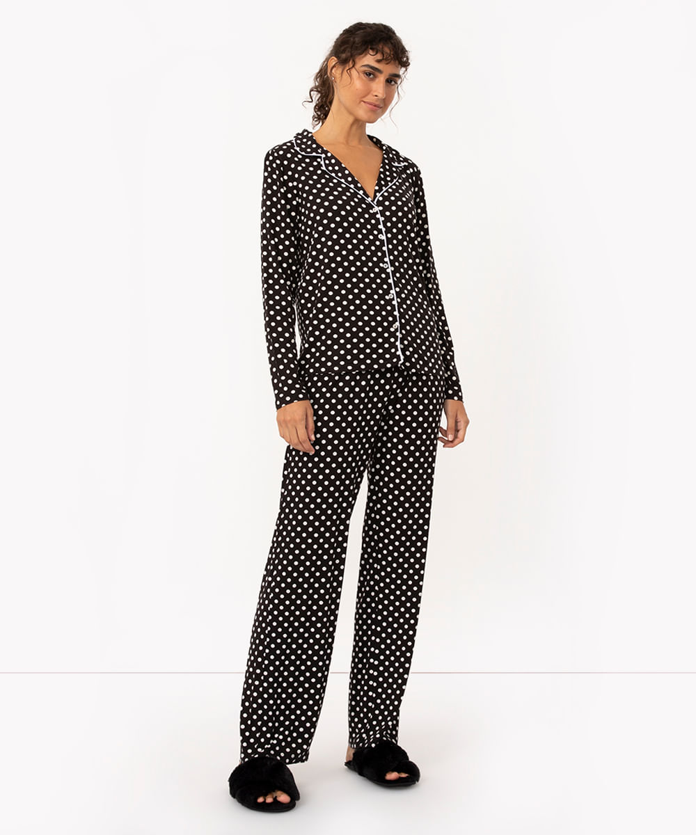 pijama americano manga longa com calça poá preto