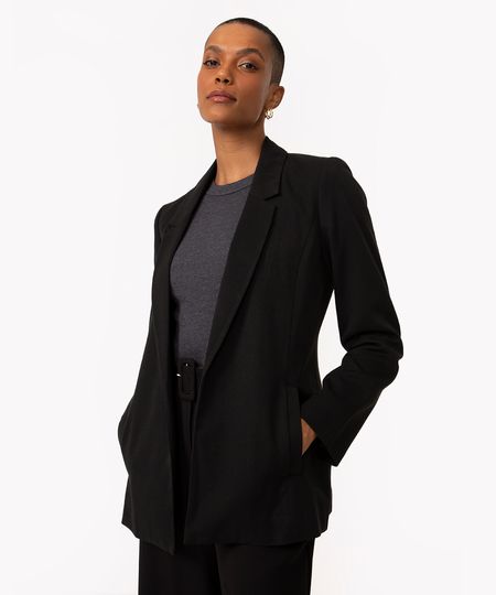 Blazer Básico Alfaiataria Com Bolsos Preto Feminino