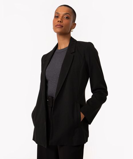 Blazer Básico Alfaiataria Com Bolsos Preto Feminino