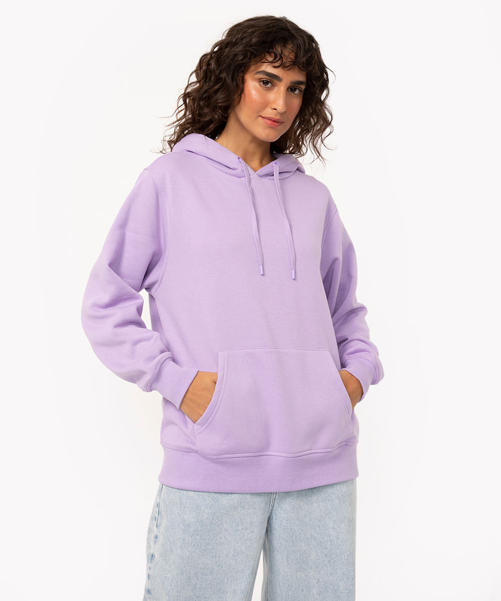 blusão oversized de moletom com capuz e bolso canguru lilás