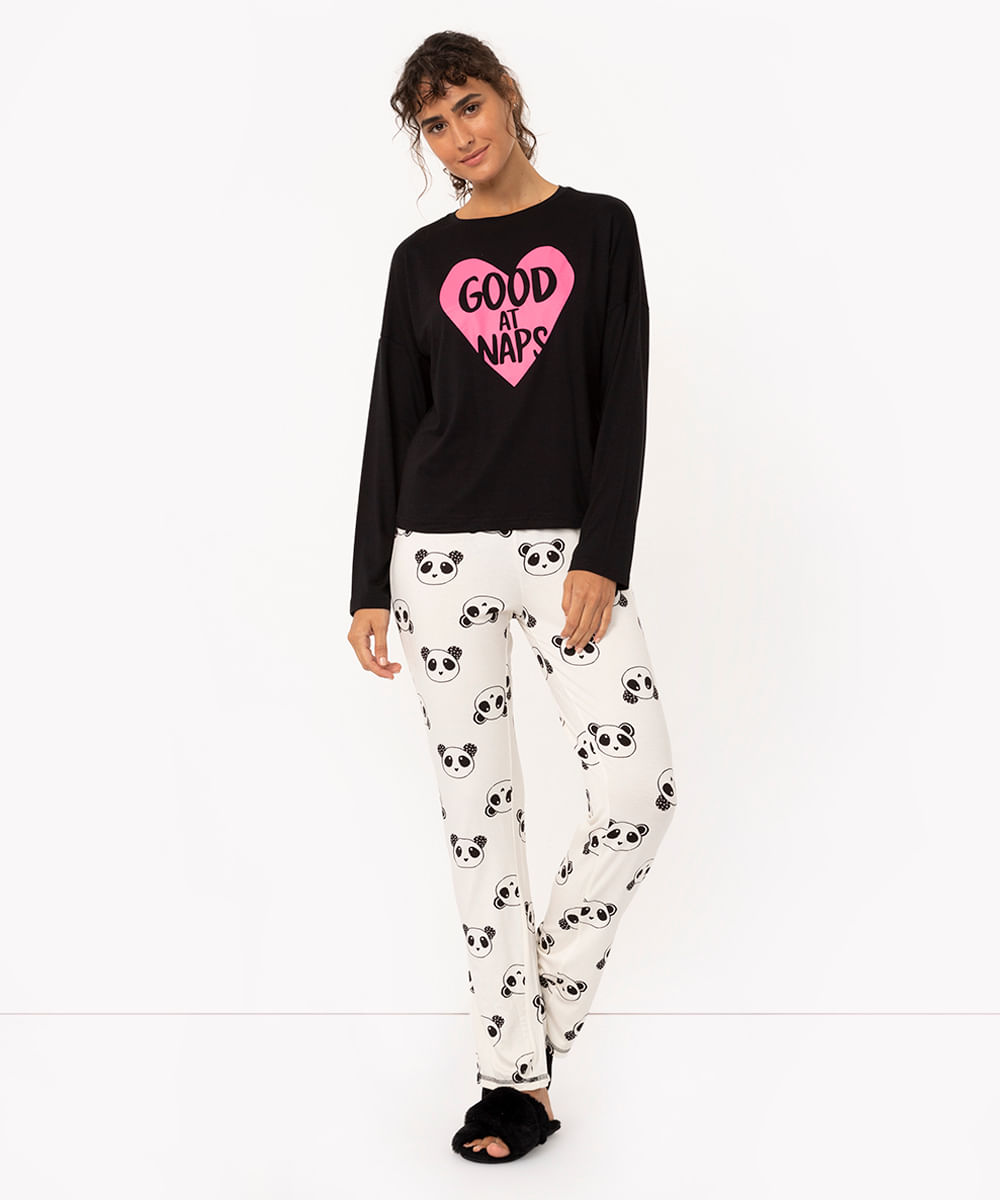 pijama manga longa + calça pandas preto