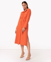Vestido Chemise Midi Com Linho Manga Longa Laranja