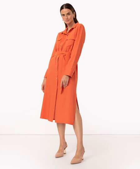 Vestido Chemise Midi Com Linho Manga Longa Laranja