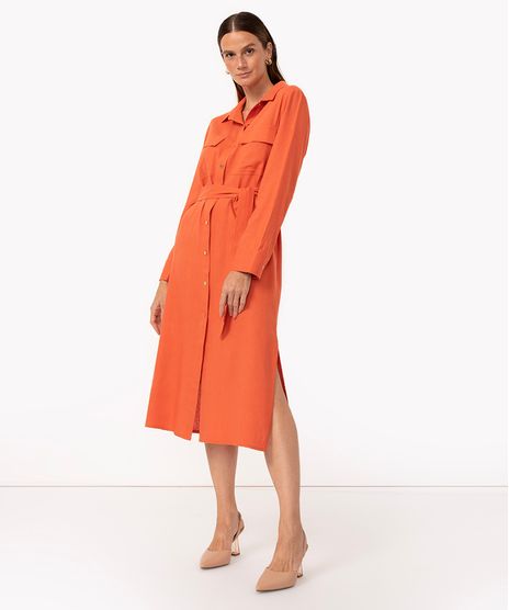 Vestido Chemise Midi Com Linho Manga Longa Laranja