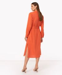 Vestido Chemise Midi Com Linho Manga Longa Laranja