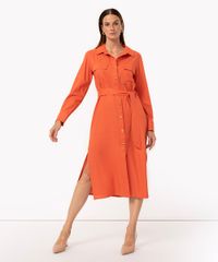 Vestido Chemise Midi Com Linho Manga Longa Laranja