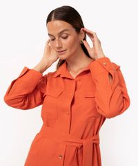 Vestido Chemise Midi Com Linho Manga Longa Laranja