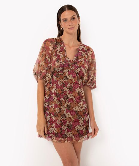 Vestido Curto De Tule Margarida Decote V Vinho