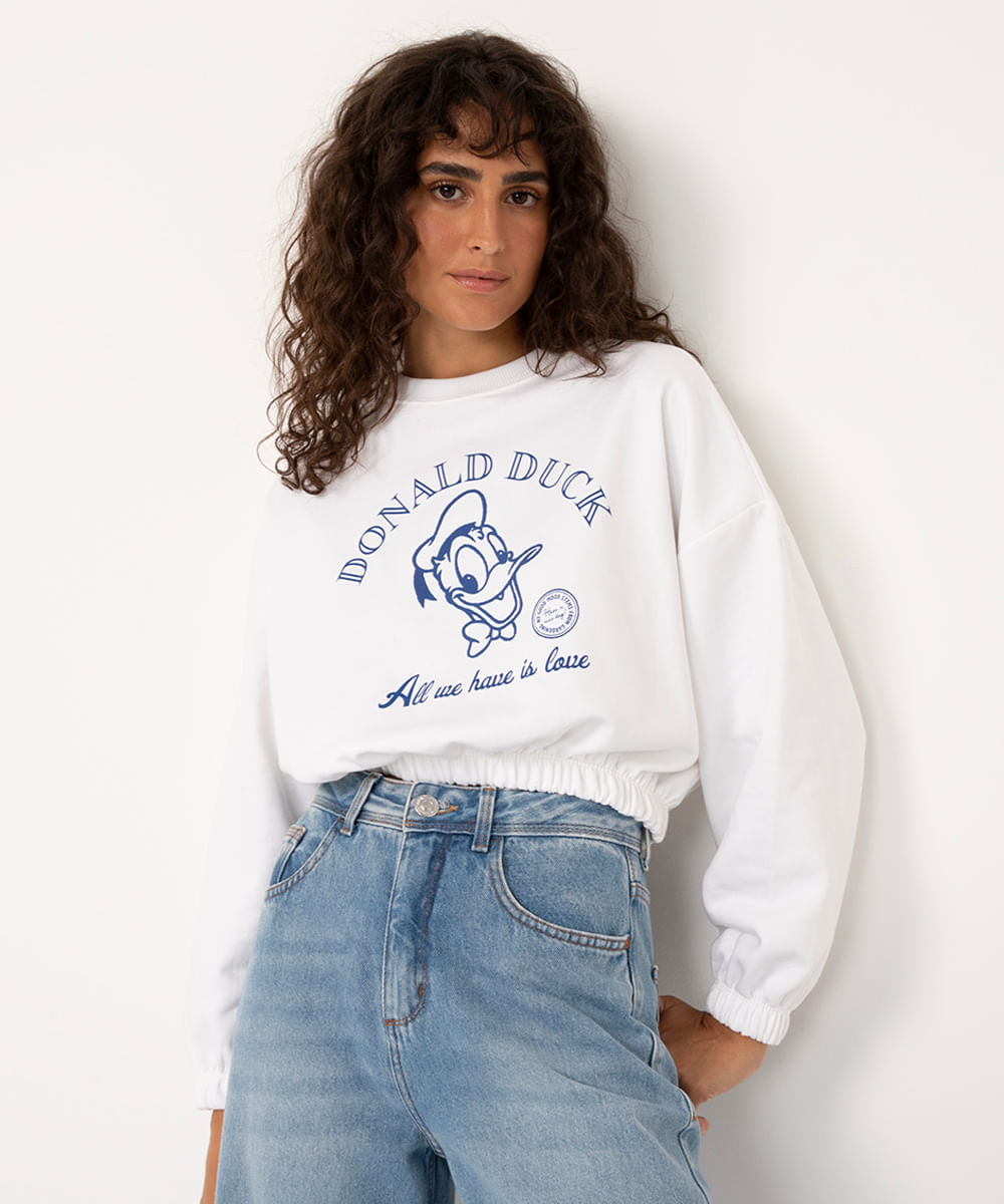 blusa cropped de moletom pato donald com elástico off white