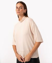 Blusa De Viscose Ampla Gola Alta Manga Curta Bege Claro