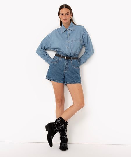 Short Jeans Cintura Super Alta Com Cinto Azul Médio