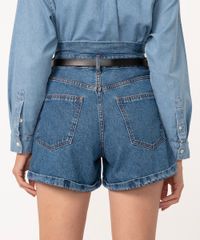 Short Jeans Cintura Super Alta Com Cinto Azul Médio