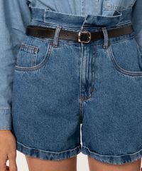 Short Jeans Cintura Super Alta Com Cinto Azul Médio