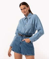 Short Jeans Cintura Super Alta Com Cinto Azul Médio